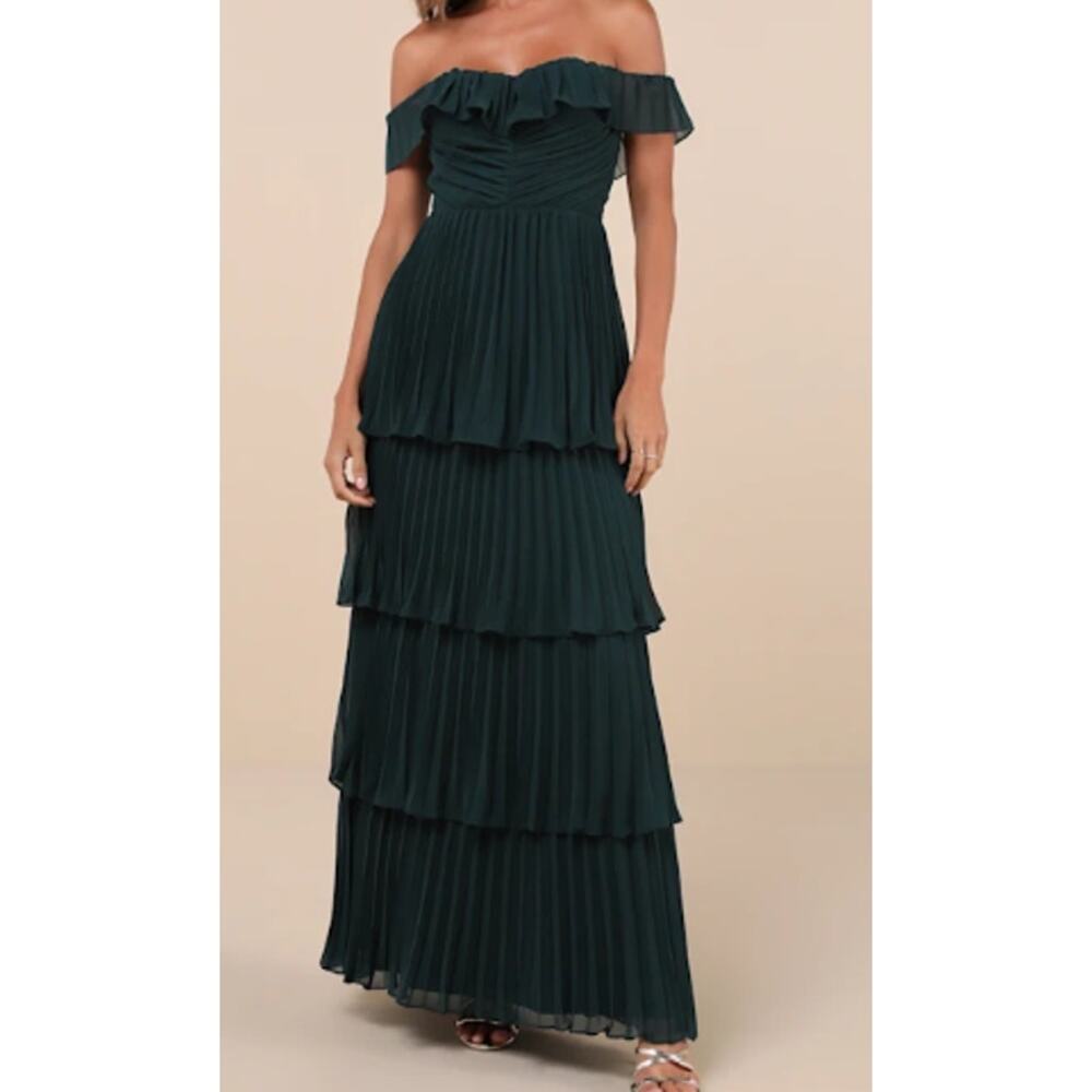 Lulu's Teal Off-the-Shoulder Tiered Pleated Maxi Dress